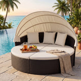 Walnew Outdoor Patio Round Daybed with Retractable Canopy Wicker Furniture Sectional Seating with Washable Cushions for Patio Backyard Porch Pool Daybed Separated Seating (Beige)