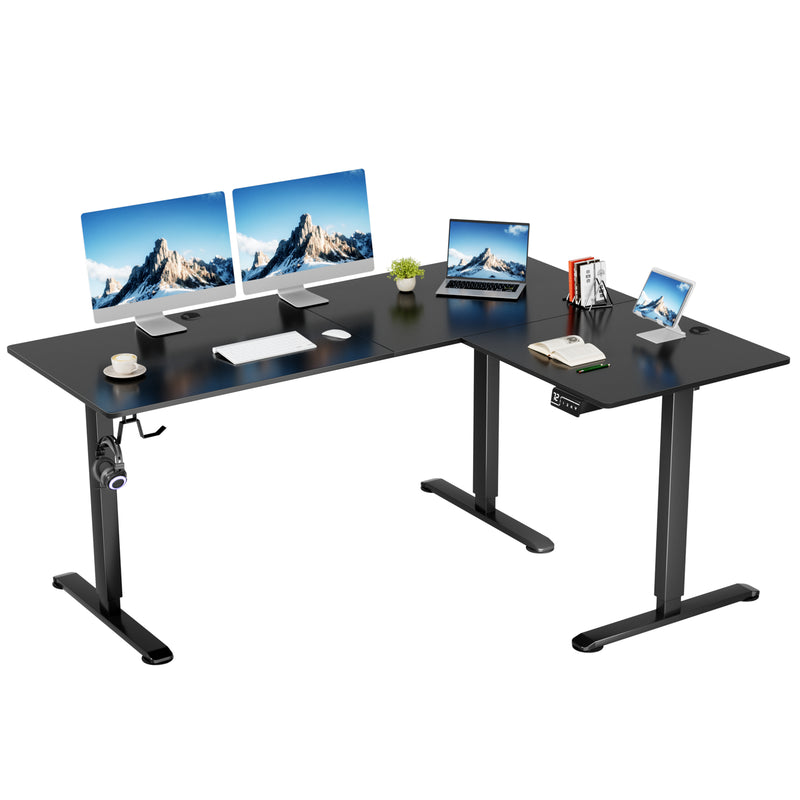 Homall 63in Wide L-shaped Electric Sit-Stand Desk Lifting Range 28~46in Height Gear Memory Ergonomics Standing Desk Height Adjustable Computer Desk