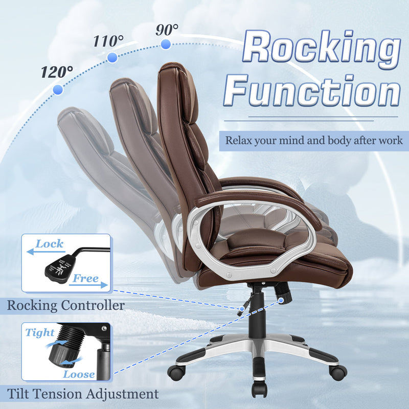 Leather High Back Office Chair Ergonomic Executive Office Chair Swivel Computer Desk Chair Lumbar Support Soft Cushioned Padded Arms