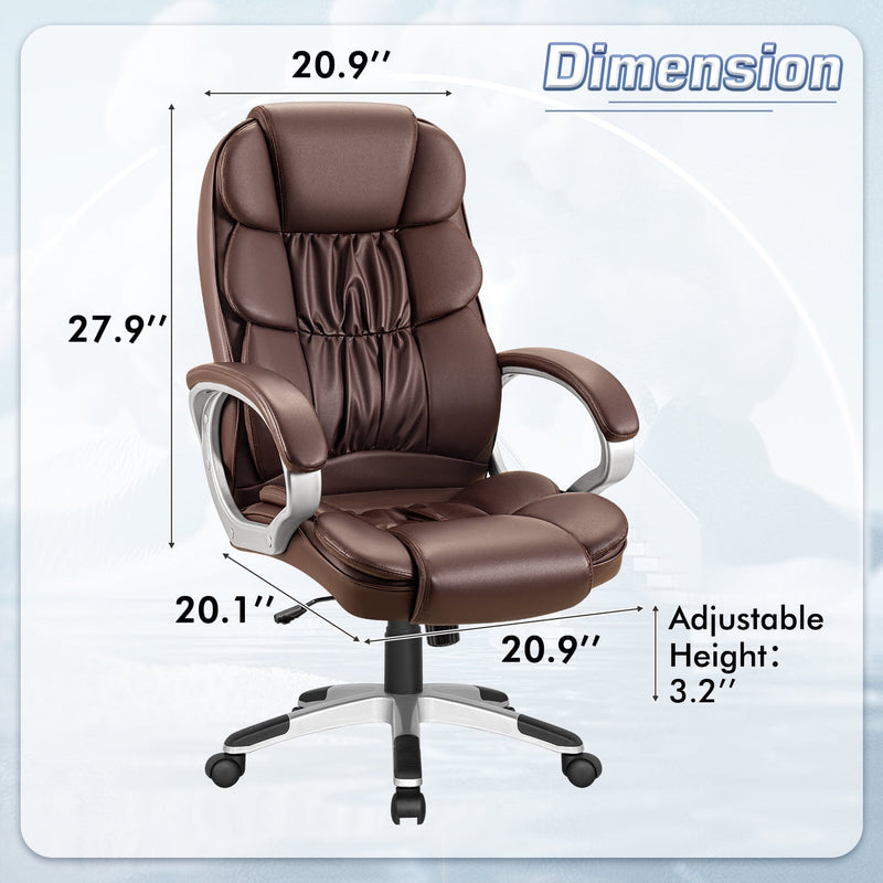 Leather High Back Office Chair Ergonomic Executive Office Chair Swivel Computer Desk Chair Lumbar Support Soft Cushioned Padded Arms