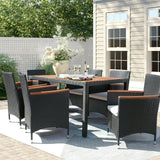 Homall 7 Pieces Outdoor Patio Dining Set with PE Rattan Wicker Dining Table and Chairs Acacia Wood Tabletop, Curved Wood Armrest Chairs with Cushions