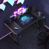 Homall Z-Shaped Gaming Desk with RGB Lights, Carbon Fiber Desk Office Desk with Large Mouse Pad, Cup-Holder & Headphone Hook, Black