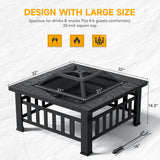 Lacoo 32" Patio Square Fire Pit Table for Patio Backyard BBQ, Ice Storage with Mesh Lid, Poker and Cover, Black