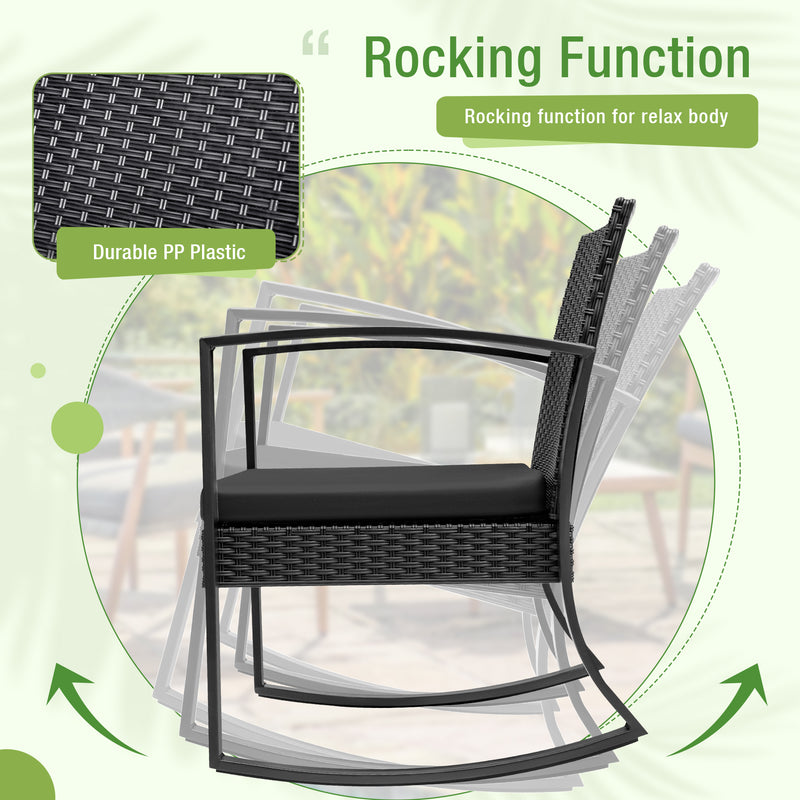 Homall Patio Furniture Set Outdoor Rocker All Weather PP Rocking Chair with Cushion Set of 3, Black