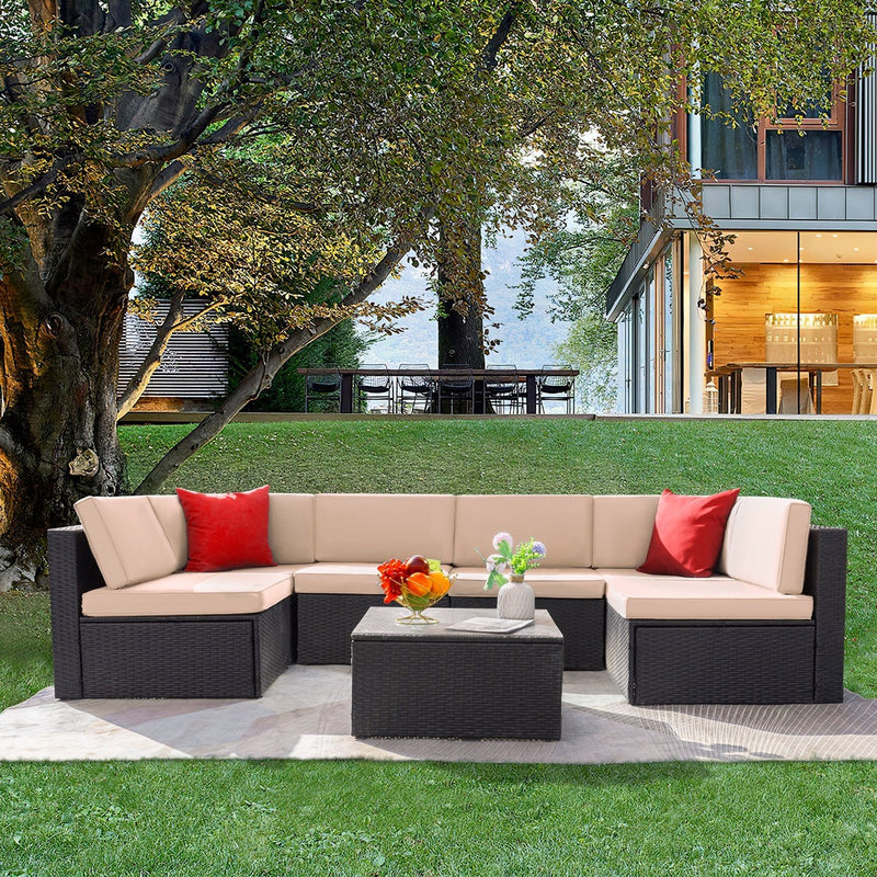 Homall 7 Pieces Outdoor Sectional Sofa Wicker Rattan Conversation Sets