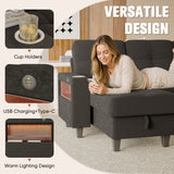Homall Modular Sectional Sofa with Storage, Cup Holders, USB & Type-C Charging Ports, LED Light, Fabric Couch for Living Room