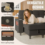 Homall Modular Sectional Sofa with Storage, Cup Holders, USB & Type-C Charging Ports, LED Light, Fabric Couch for Living Room