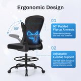 Vyrox Ergonomic Drafting Chair, Office Chair with Adjustable Foot Ring & Lumbar Support, Standing Desk Chair with Flip-up Armrests, Black