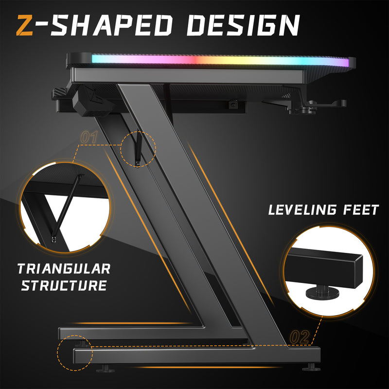 Homall 47 Inches Z-Shaped Gaming Desk with RGB Lights, Carbon Fiber Desk Office Desk with Large Mouse Pad, Cup-Holder & Headphone Hook, Black