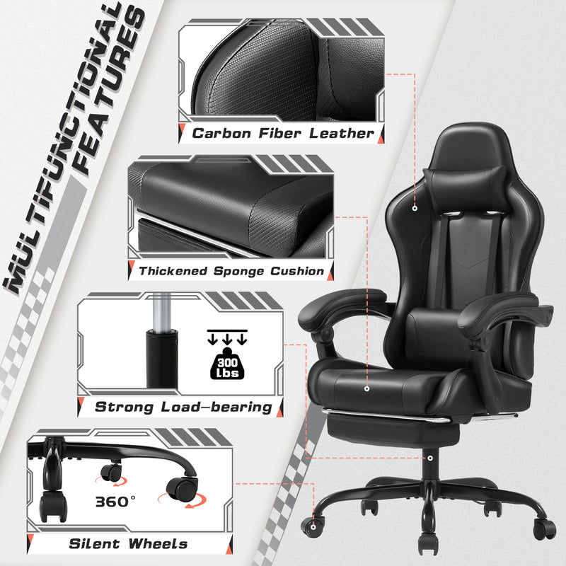 Lacoo PU Leather Gaming Chair Carbon Fiber Massage Ergonomic Gamer Chair Height Adjustable Computer Chair with Footrest & Lumbar Support,Black