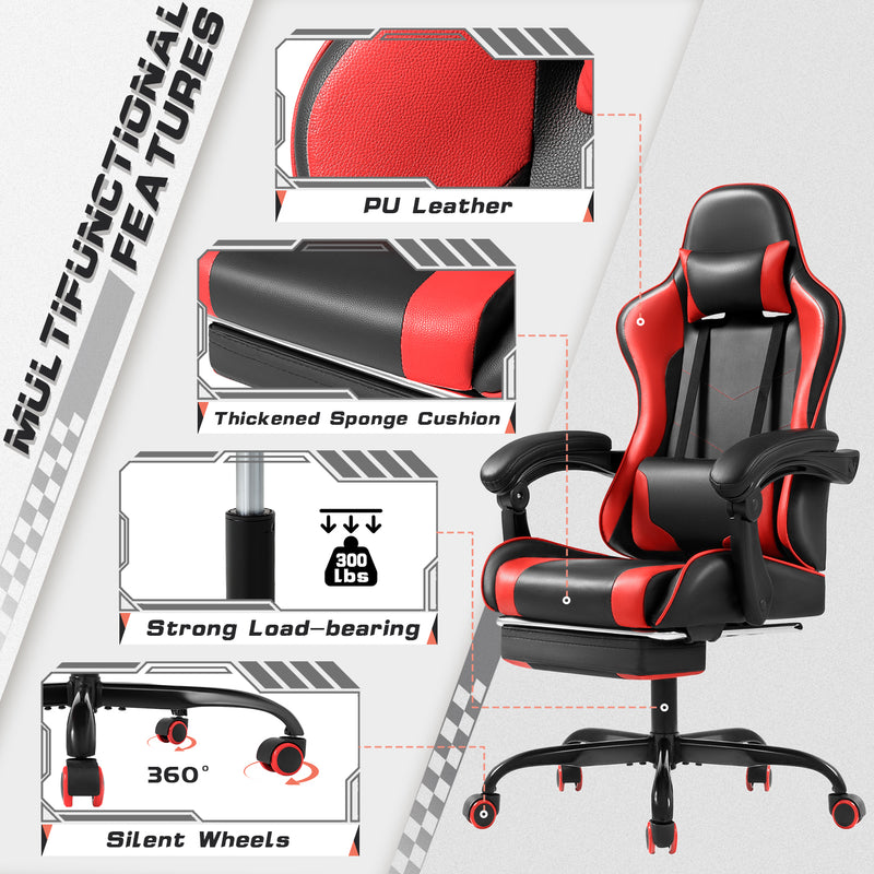 Lacoo PU Leather Gaming Chair Massage Ergonomic Gamer Chair Height Adjustable Computer Chair with Footrest & Lumbar Support,Red