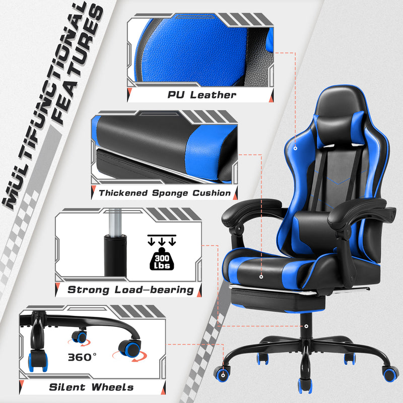 Lacoo PU Leather Gaming Chair Massage Ergonomic Gamer Chair Height Adjustable Computer Chair with Footrest & Lumbar Support,Blue