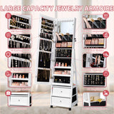 Homall Jewelry Armoires Cabinet With LED Mirror Wheels Lockable Standing Storage Box with 2 Drawers, White