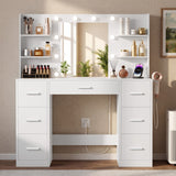 Homall Vanity Desk with Mirror and LED Lights, Makeup Vanity with 7 Drawers & 4 Shelves, Vanity Table with Power Outlet for Bedroom Dressing Room