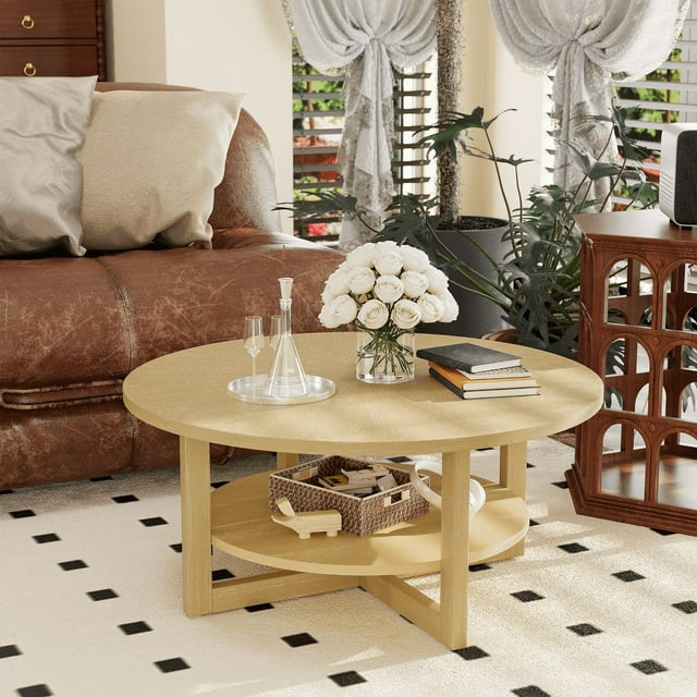 Homall 35" Round Coffee Table Solid Wood End Table with Rustic Wood Storage Circle Center Table