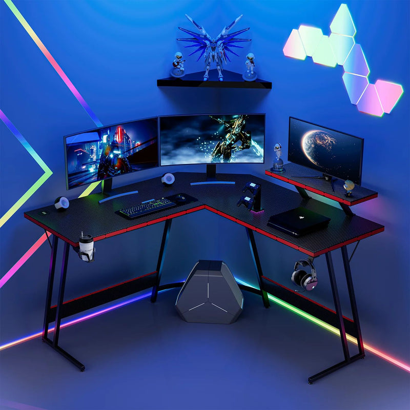 Homall L-Shaped Gaming Desk 51 Inches Corner Office Gaming Desk Removable Monitor Riser Desk with LED Strip & Power Outlets, Black