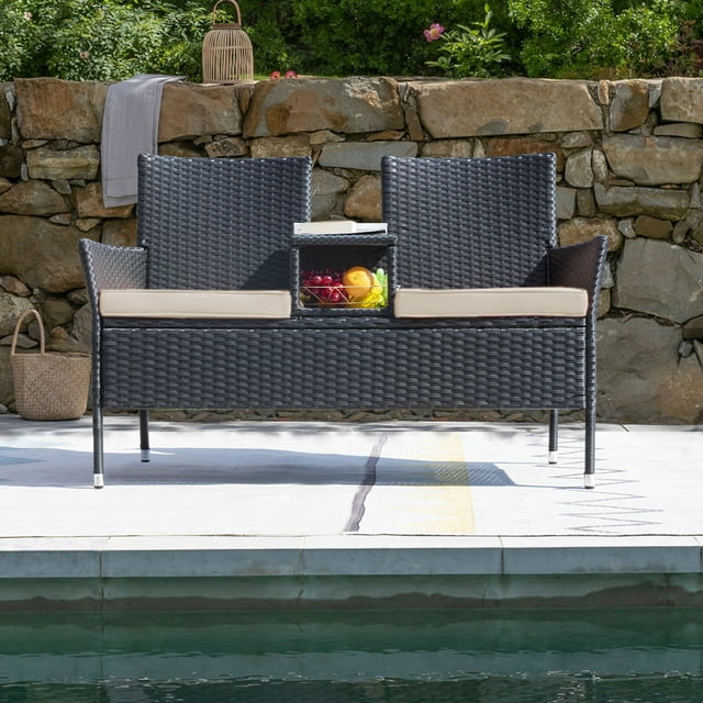 HOMALL Outdoor Patio Loveseat Modern Wicker Patio Conversation Furniture Set with Cushions and Built-in Coffee Table, Steel