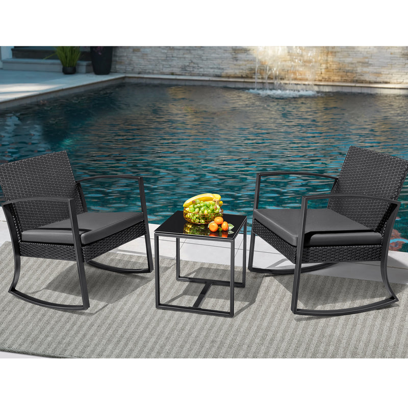Homall Patio Furniture Set Outdoor Rocker All Weather PP Rocking Chair with Cushion Set of 3, Black