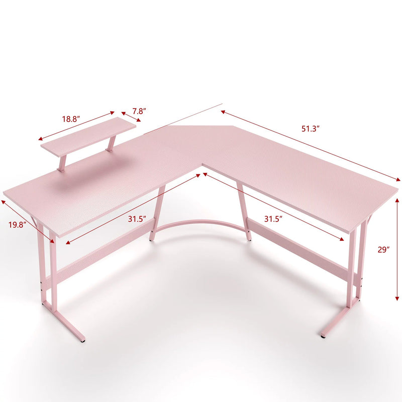 Homall L-Shaped Gaming Desk 51 Inches Corner Office Gaming Desk with Removable Monitor Riser, Pink