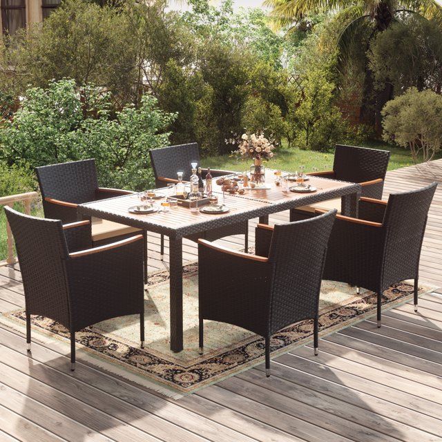 Homall Outdoor Patio 7 Piece Rattan Table And Chairs Set Waterproof Acacia Wood Table Top with Cushioned Seats,Brown