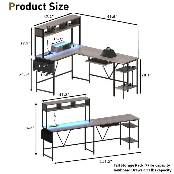 Homall L-Shaped Office Desk Gaming Table with LED Lights, Storage Rack, Built-in Socket, Computer Stand, Organizer Pocket, Keyboard Drawer,