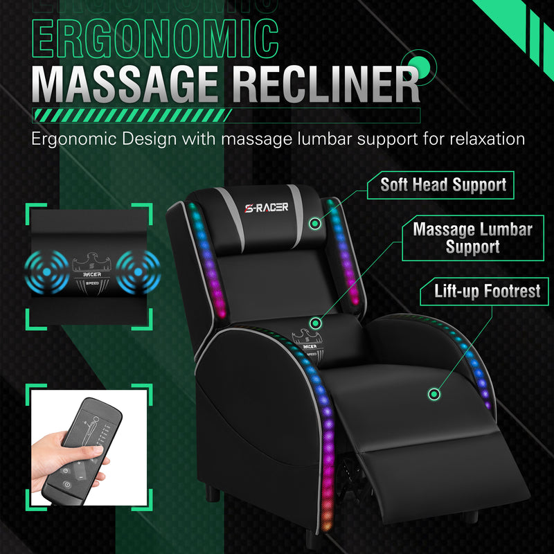 Homall RGB LED Lights Gaming Massage Recliner Chair Racing Style Single Living Room Sofa Ergonomic Home Theater Seating with Massage Lumbar Support