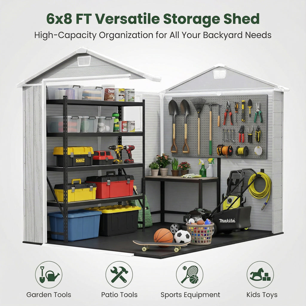 6x8ft Outdoor Plastic Storage Shed with Window,Weather-Resistant, Easy ...