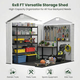 6x8ft Outdoor Plastic Storage Shed with Window,Weather-Resistant, Easy Assembly, Wood-Effect Outdoor Shed for Garden & Tool Storage ,Light Gray
