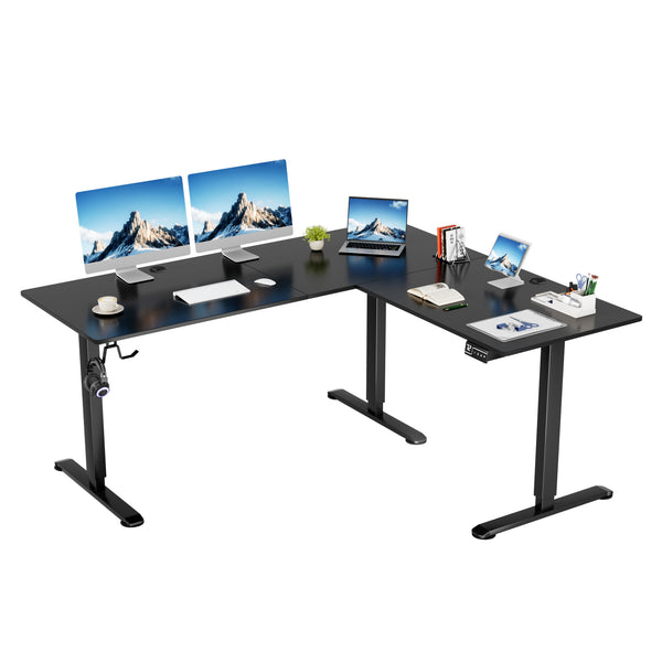 Homall 63in Wide L-shaped Electric Sit-Stand Desk Lifting Range 28~46in Height Gear Memory Ergonomics Standing Desk Height Adjustable Computer Desk