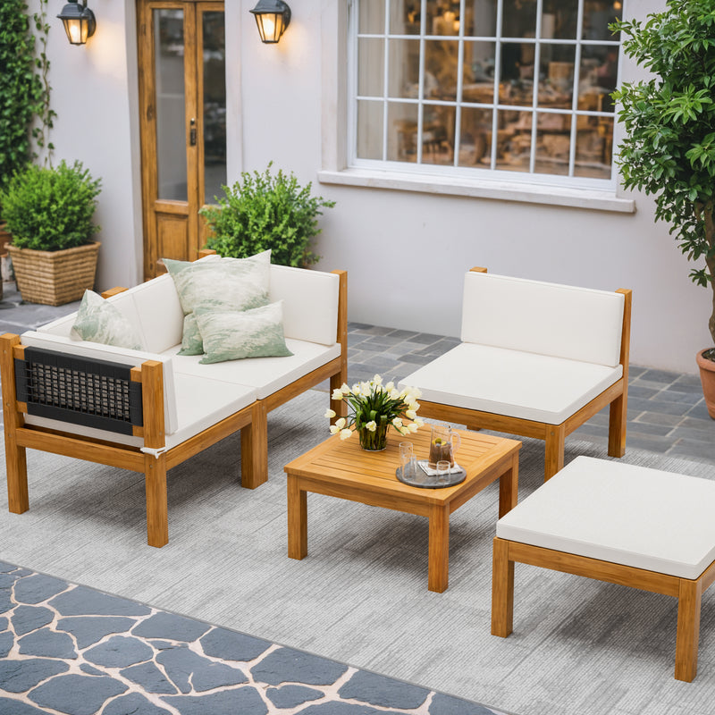 Homall 5/6/7-piece Acacia Patio Furniture Set, Wooden Conversation Set,Outdoor Modular Design Sofa Set with Side Table