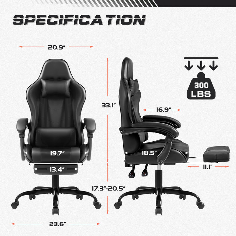 Lacoo PU Leather Gaming Chair Carbon Fiber Massage Ergonomic Gamer Chair Height Adjustable Computer Chair with Footrest & Lumbar Support,Black