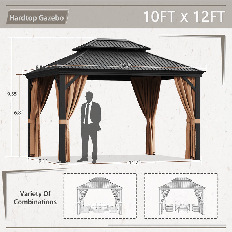 Lacoo 10' x 12' Hardtop Gazebo Outdoor Galvanized Steel Metal Double Roof Canopy Aluminum Furniture Permanent Pavilion with Netting and Curtains for Garden, Patio, Lawns