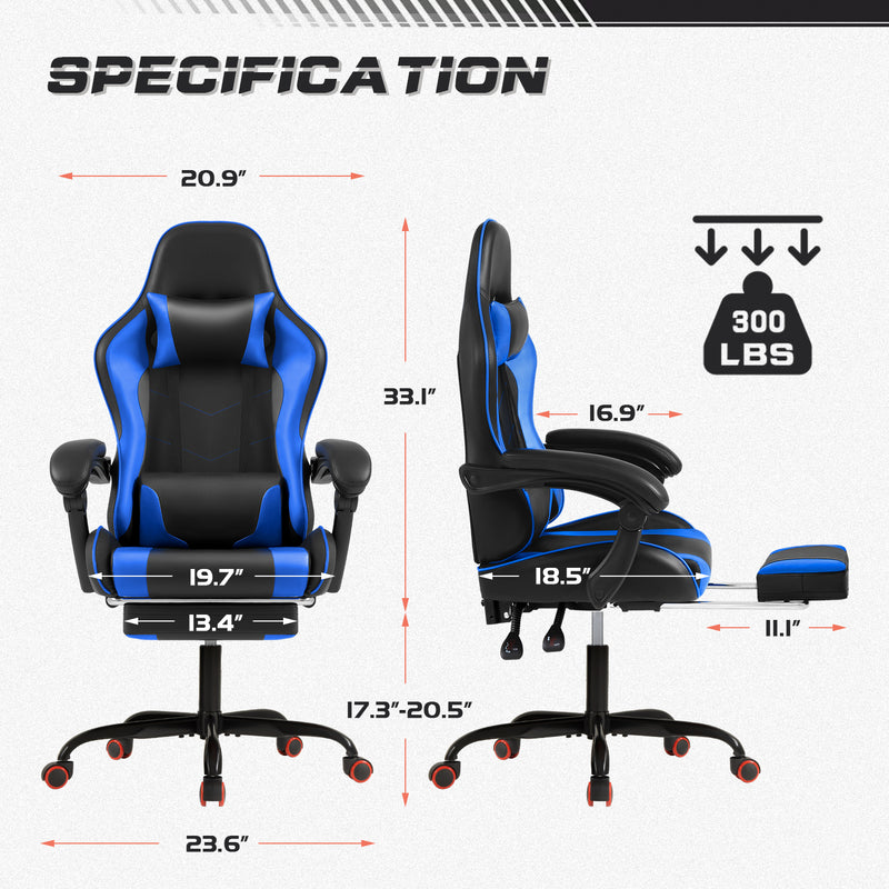 Lacoo PU Leather Gaming Chair Massage Ergonomic Gamer Chair Height Adjustable Computer Chair with Footrest & Lumbar Support,Blue