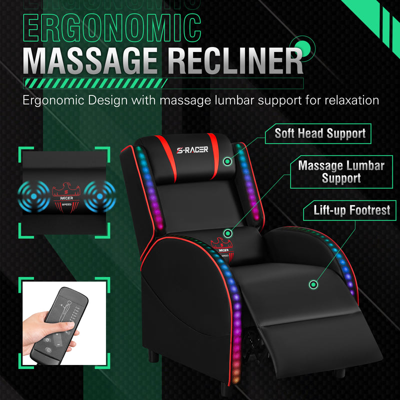 Homall RGB LED Lights Gaming Massage Recliner Chair Racing Style Single Living Room Sofa Ergonomic Home Theater Seating with Massage Lumbar Support