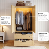 Homall Wardrobe Closet with Drawers, Freestanding Armoire Wardrobe Closet with Motion Sensor Light and Side Hooks, Wood Clothes Closet Cabinet for Bedroom