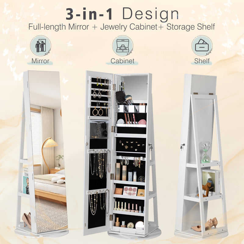 Homall 360° Swivel Jewelry Armoire Lockable 3-in-one Jewelry Cabinet Organizer with Full Length Mirror, White