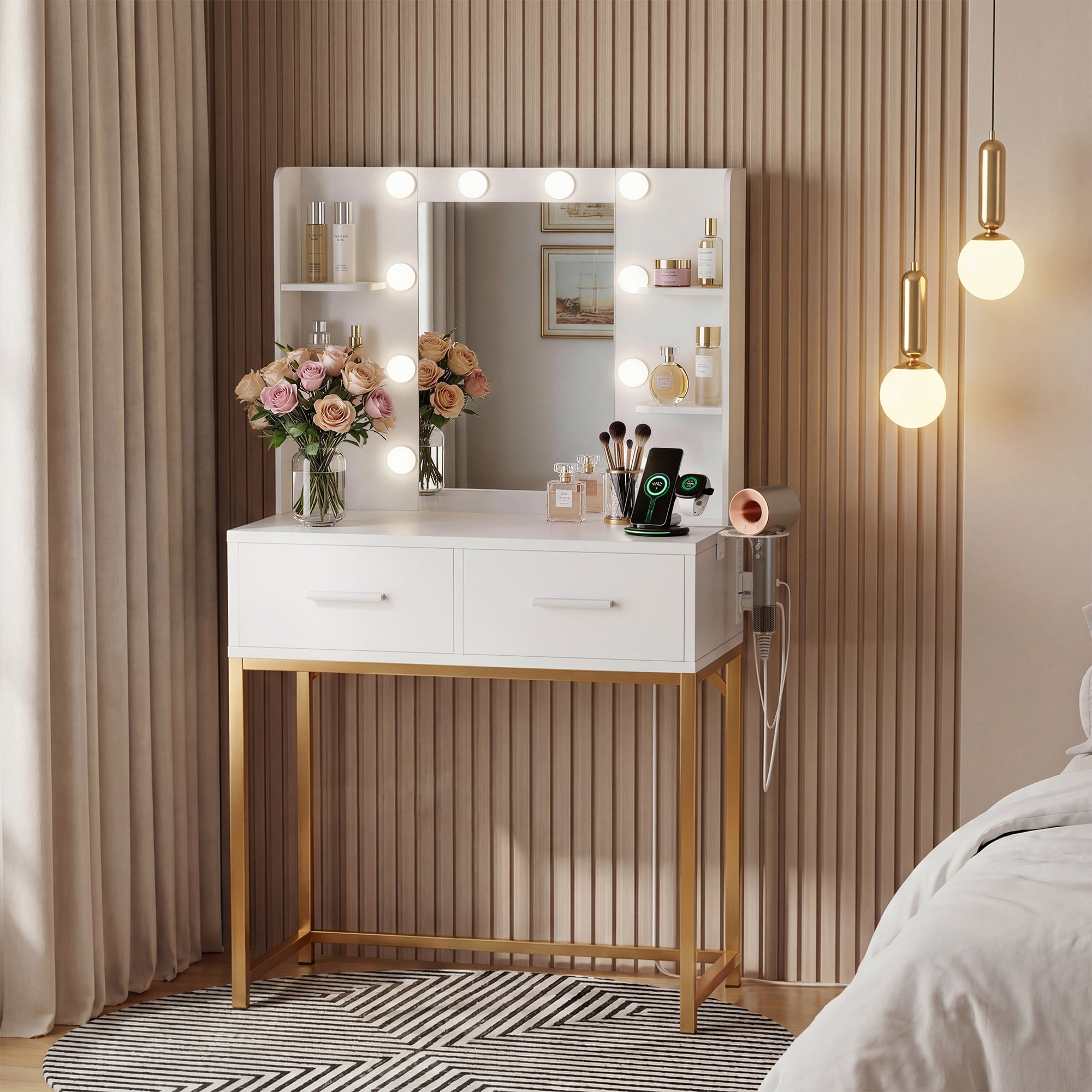 Homall Vanity Desk with Mirror, Power Outlet & LED Lights, Makeup Vani homalldirect Homall Vanity Desk with Mirror, Power Outlet & LED Lights, Makeup Vani homalldirect
