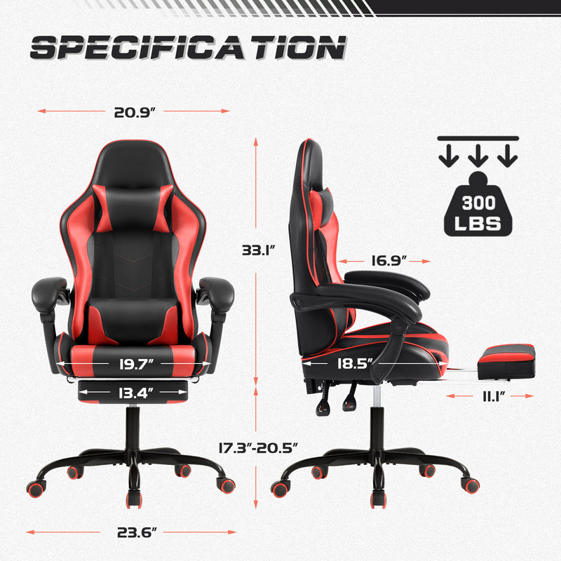 Lacoo PU Leather Gaming Chair Massage Ergonomic Gamer Chair Height Adjustable Computer Chair with Footrest & Lumbar Support,Red