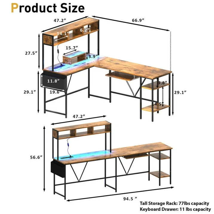 Homall L-Shaped Office Desk Gaming Table with LED Lights, Storage Rack, Built-in Socket, Computer Stand, Organizer Pocket, Keyboard Drawer,