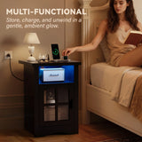 Homall Nightstand Set of 2 with Charging Station & Adjustable LED Lights, End Table Bedside Table with Glass Door & Open Shelf for Bedroom Living Room