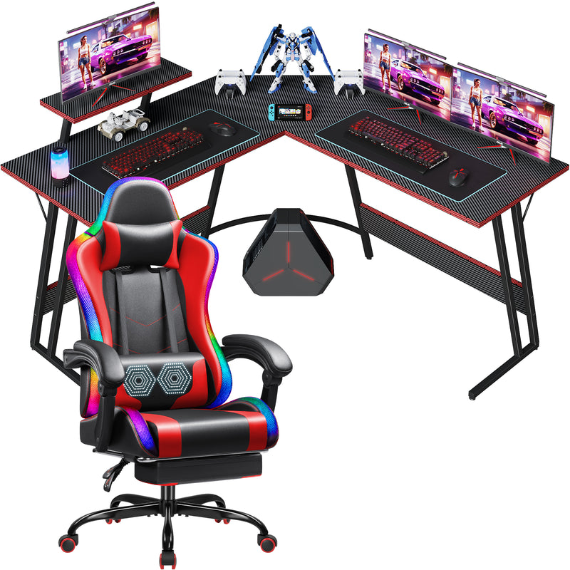 Homall L Shaped Gaming Desk and Chair Set, Carbon Fiber Desktop Corner Computer Desk RGB Massage Ergonomic Racing Chair E-Sports LED Lights RGB Gaming Chair with Footrest