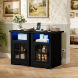 Homall Nightstand Set of 2 with Charging Station & Adjustable LED Lights, End Table Bedside Table with Glass Door & Open Shelf for Bedroom Living Room