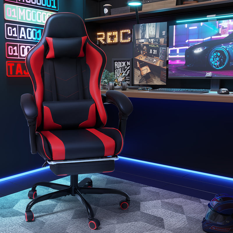 Lacoo PU Leather Gaming Chair Massage Ergonomic Gamer Chair Height Adjustable Computer Chair with Footrest & Lumbar Support,Red