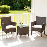 Lacoo 3 Pieces Outdoor Patio Furniture PE Rattan Wicker Table and Chairs Set Bar Set with Cushioned Tempered Glass, Brown/Beige, 2