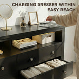Homall 6 Drawer Double Dresser with Charging Station, Modern Chest of Drawers with LED Light, Storage Dresser Chest for Bedroom Living Room