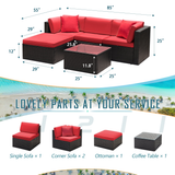 Lacoo 5 Pieces Patio Sectional Sofa Sets All-Weather PE Rattan Conversation Sets With Glass Table, Red