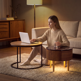 Homall 2-Piece Nesting Coffee Table Set, Round Coffee Tables with Hidden Drawer and Motion Sensor LED Light, Modern Living Room Tables with Storage and Metal Base, Walnut & Black