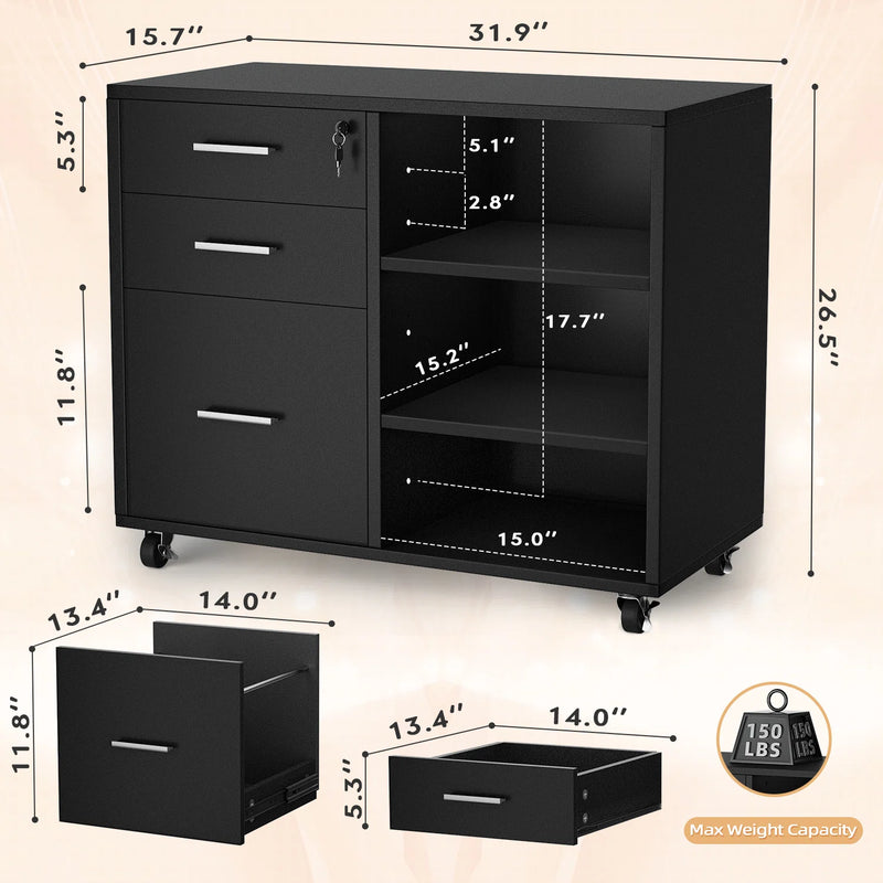 Homall File Cabinet with 3 Drawers, Mobile Design, Printer Stand and Open Storage Shelves, Suitable for Home Office Use