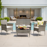Lacoo 4 Pieces Patio Furniture Set Outdoor Conversation Wicker Rattan Chairs Seating with cushion and Glass Table Weather-Resistant for Garden Backyard Porch, Gray and Beige