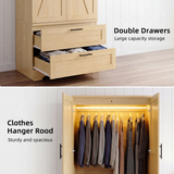 Homall Wardrobe Closet with Drawers, Freestanding Armoire Wardrobe Closet with Motion Sensor Light and Side Hooks, Wood Clothes Closet Cabinet for Bedroom